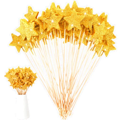 Suzile 60 Pcs Star Floral Picks Gold Glitter Star Pick 7.9'' Star Centerpiece Twinkle Star Stem Puffy Foam Stars Stick Decor Wedding Bridal Baby Shower Birthday Christmas Party