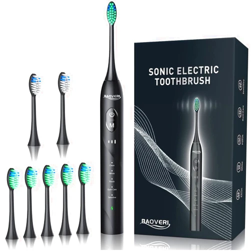 BAOVERI Sonic Electric Toothbrush with 8 Brush Heads for Adults, BAOVERI Rechargeable Electric Toothbrushes, 5 Modes, 3 Intensity Levels, 2 Minutes Smart Timer, 1 Travel Case, 3 Hours Fast Charge for 60 Days