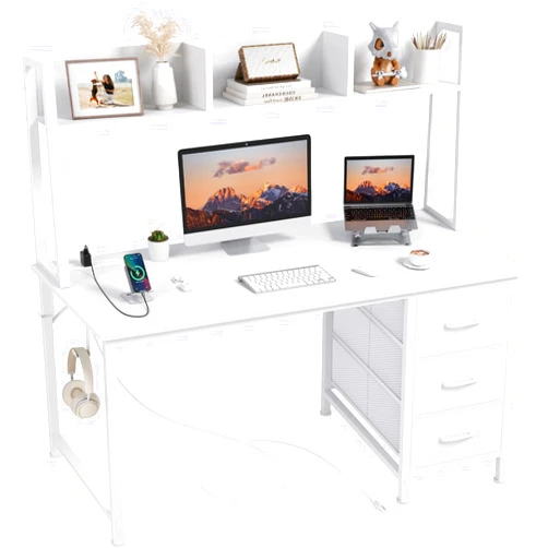 DLisiting White Computer Desk with Hutch & Drawers - Office Desk with 3 Storage Drawers and Power Outlets, 47 Inch Modern Study Writing Desk for Bedroom Home Office