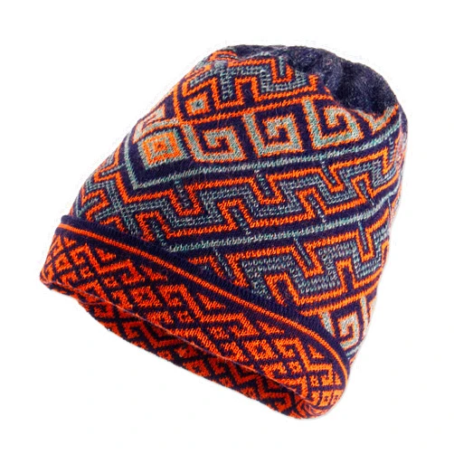NOVICA 100% Baby Alpaca Knit hat, 'Andean Style' Blue, Orange