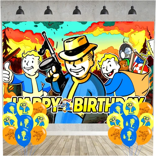 IKICK 𝓕𝓪𝓵𝓵𝓸𝓾𝓽 Birthday Party Decoration,𝓕𝓪𝓵𝓵𝓸𝓾𝓽 Game Party Photo Background 5 x 3 FT and 18 Pcs Balloon,Game Merch Party Backdrop Supplies
