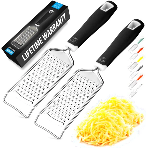 Zulay Kitchen Professional Cheese Grater Stainless Steel - Durable Rust-Proof Metal Lemon Zester Grater With Handle - Flat Handheld Shredder for Parmesan, Chocolate, Spices, And More - 2 Pack - Black