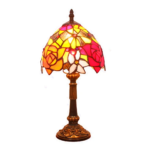 INCZPDQY 8 Inch Red Orange Rose Decoration Mini Table Lamp Style Pastoral Purple Stained Glass Nightstand Lamp Desk Decoration Lamp for Bedroom, Bedside Lamps