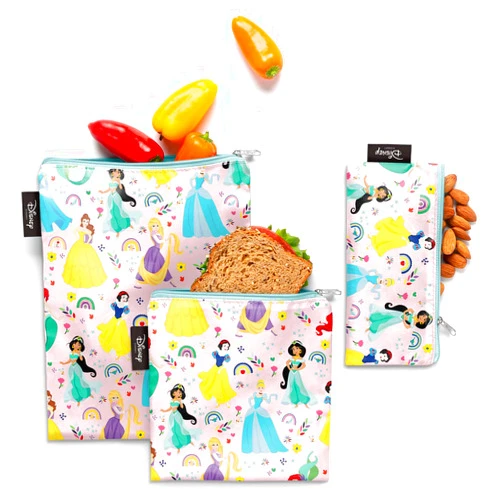 Simple Modern Disney Reusable Snack Bags for Kids | Food Safe, BPA Free, Phthalate Free, Polyester Zip Pouches | Washable & Refillable Sandwich Bag | Ellie Collection | 3 pack | Princess Rainbow