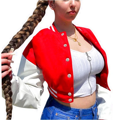 qfmqkpi Women Color block Crop Fleece Baseball Jacket Button Down Bomber Coats Sweatshirt