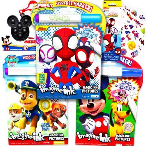 Bendon Bundle of 3 Imagine Ink Magic Pictures Coloring Activity Books Set for Boys, Kids, Toddlers - Spidey Amazing Friends, Paw Patrol, and Disney Mickey Mouse
