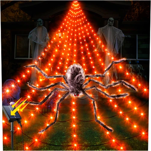 Hiboom Solar Spider Web Halloween Decorations Lights, 16.4 x 15.7 Ft Solar Huge Triangular Spider Web, 252 LEDs 8 Modes Waterproof with Giant Spider for Yard House Party Decor(Orange)