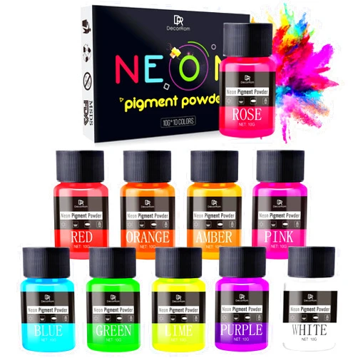 DecorRom Neon Pigment Powder - 10 Colors Fluorescent Mica Powder for Epoxy Resin, Nail Art, Tumblers, Slime - Neon Resin Color Pigment Nail Powder for Soap Making, Eyeshadow, Painting, Jewelry, DIY Crafts