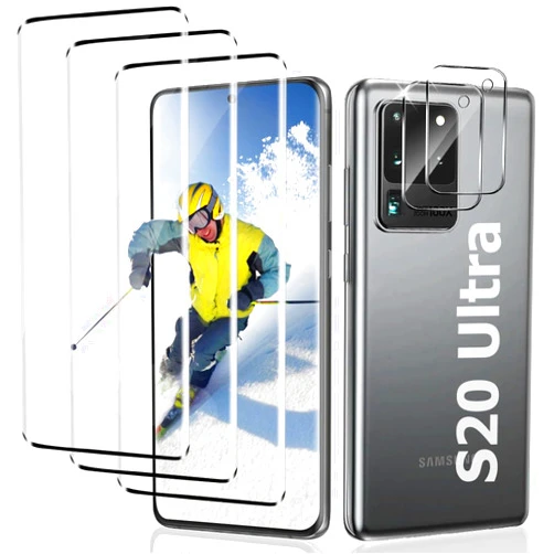 OuYteu 3+2 Pack Galaxy S20 Ultra Screen Protector with Camera Lens Protector, 3D Full Curved, 9H Tempered Glass, Scratch Resistant, Easy to Install, Bubble-Free, for Samsung S20 Ultra 5G 6.9 Inch