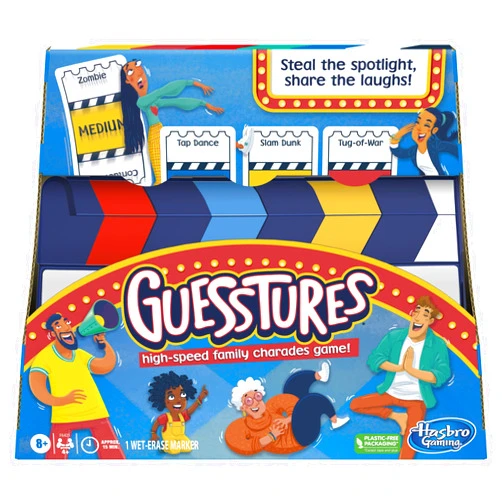 Hasbro Gaming Guesstures Game, Charades Game for 4 or More Players, Includes Customizable Cards and Clapper, Family Party Game for Ages 8 and Up