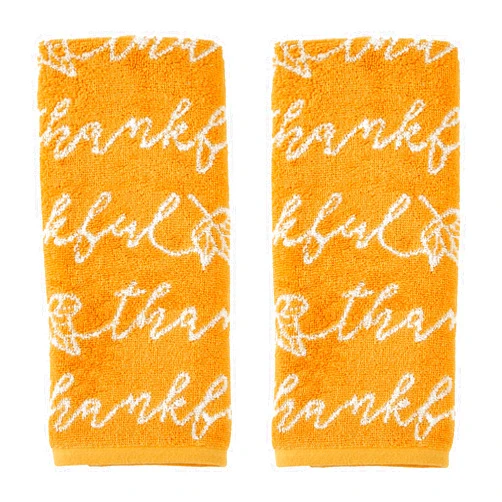 SKL Home Fall/Harvest Thankful Script Hand Towel 2pc Set for Bath/Kitchen/Bar & Gift, Yellow