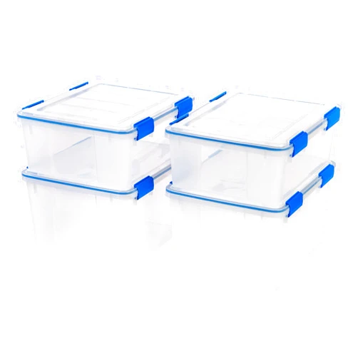 IRIS USA 26.5 & 44 Quart Combo WEATHERPRO Plastic Storage Box with Durable Lid and Seal and Secure Latching Buckles, Clear With Blue Buckles, Weathertight, 4 Pack