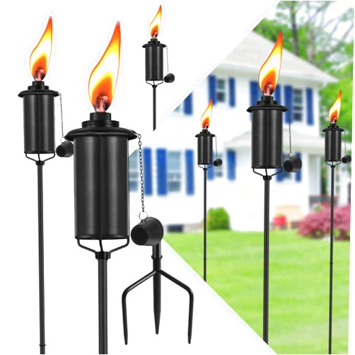 FAN-Torches Home Garden Torch Set of 6, 16oz Outdoor Metal Torch Garden Décor,59-Inch Upgraded Citronella Torches with 3-Prong Grounded Stake, Metal Light Torches for Party Patio Pathway