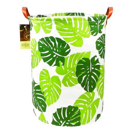 HUNRUNG Laundry Hamper,Large Canvas Fabric Lightweight Storage Basket Toy Organizer Dirty Clothes Collapsible Waterproof for College Dorms, Children Bedroom,Bathroom (Round Leaf)