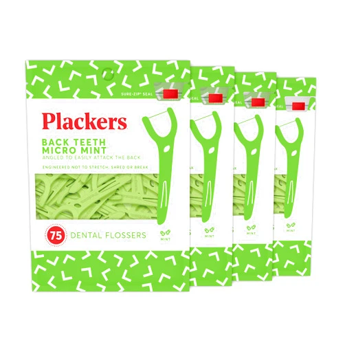 Plackers Back Teeth Micro Mint Dental Flossers, Delicious Mint Flavor, Provides Easy Access for Back Teeth, Built-in Protected Pick, Easy Storage, 75 Count, Pack of 4