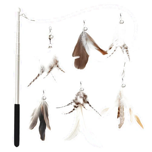 SONGWAY Cat Feather Toys Wand - 7 Pcs Interactive Cat Toys for Indoor Cat Kitten, Retractable Cat Wand Toy with 6 Natural Feather Refills with Bell, Cat Fishing Pole Toy