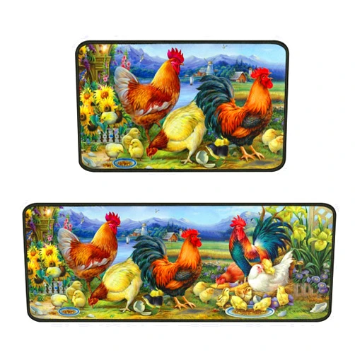 Dcohluk Rooster Kitchen Rug Decor 2 Pieces Set Farmhouse Style Kitchen Mat Washable Runner Rug Chicken Sunflower Decoration Indoor Floor Mat 17
