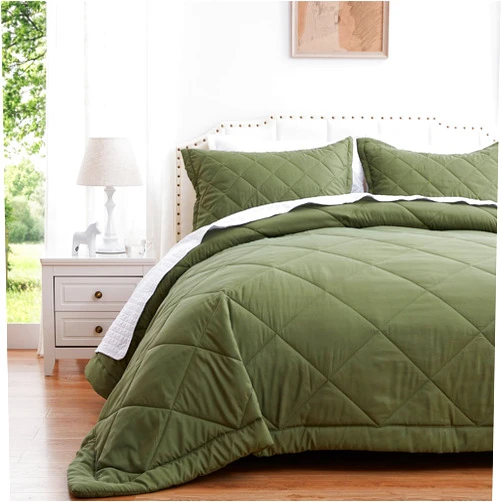 SunStyle Home Twin Quilt Set Lightweight Green Comforter Set Diamond Pattern All Season 2 Pieces (1 Quilt, 1 Pillow Sham)