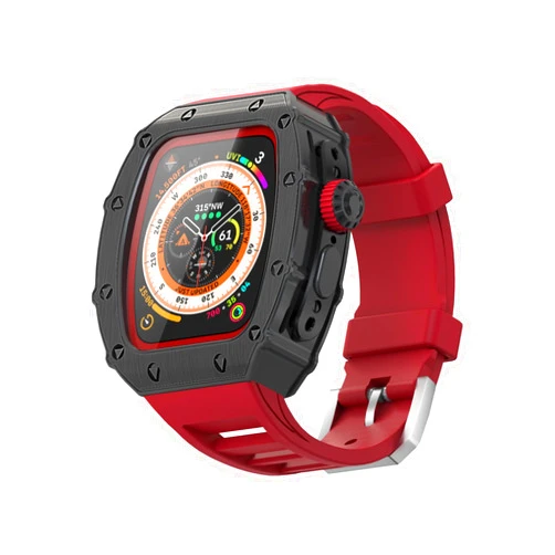 HUALIMEI For Apple Watch Ultra Band 49mm Case, Luxury Rugged Metal Cover Screen Protector Fluoroelastomer Strap for iWatch Ultra Series 49mm Replacement Strap Heavy Duty Bumper Case for Men (49mm, Red)