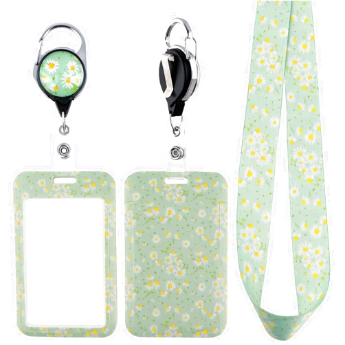Juanooo Green Daisy ID Lanyard Badge Holder & Retractable Badge Reel Clip Cute Floral Keychain Lanyard for Women Girls Teachers for ID Badges & Keys Preppy Aesthetic Key Lanyard for School ID Holder
