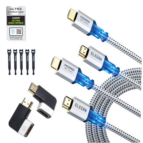 Elecan 8K HDMI 2.1 Cable (Certified) 3 Ft/2 Pack, 48Gbps Braided HDMI Cord for 8K@60Hz 4K@120Hz 2K 1080P, Dynamic HDR, eARC HDCP 2.2&2.3 Dolby Vision for PS5,PS4, Xbox HD TV with Ties and Adapters