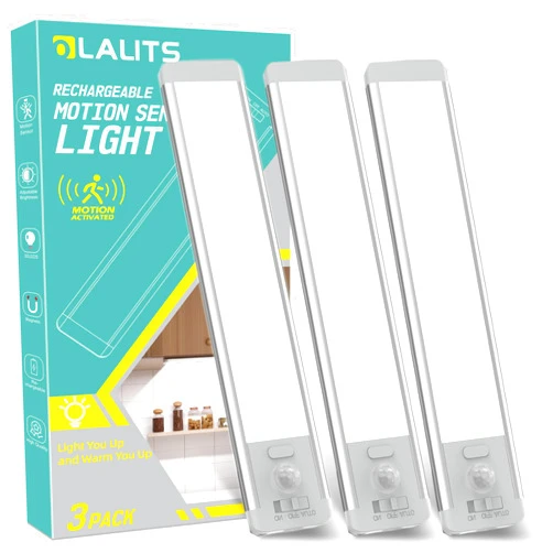 Olalits Under Counter Lights for Kitchen: 30-LED Under Cabinet Lights, 1000mah Rechargeable Battery Operated, Equipped with Motion Sensor, Under Cabinet Lighting for Kitchen, Cabinet,Wardrobe, 3 Pack 7.87