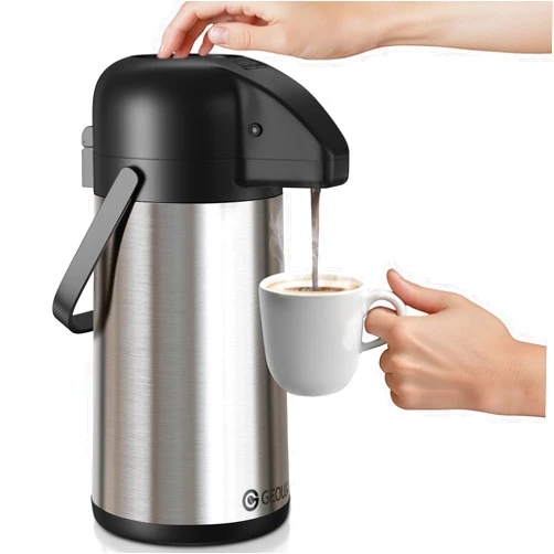Geouja Airpot Coffee Carafe for Keeping Hot - 85 OZ / 2.5L Large Coffee Dispenser with Pump - Insulated Stainless Steel Thermos Urn for Hot Drinks Water Tea Chocolate - Thermal Beverage Dispenser for Parties