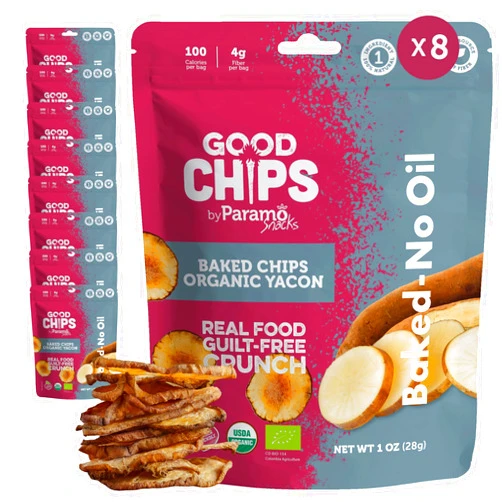 Good Chips by Paramo Snacks Baked Organic Yacon Chips by GOOD CHIPS! 100% Natural, Oil Free, Only One Ingredient: Yacon Root, USDA Organic, Earthy Sweet Superfood, Good Source of Fiber, 1 oz Bags, Pack of 8