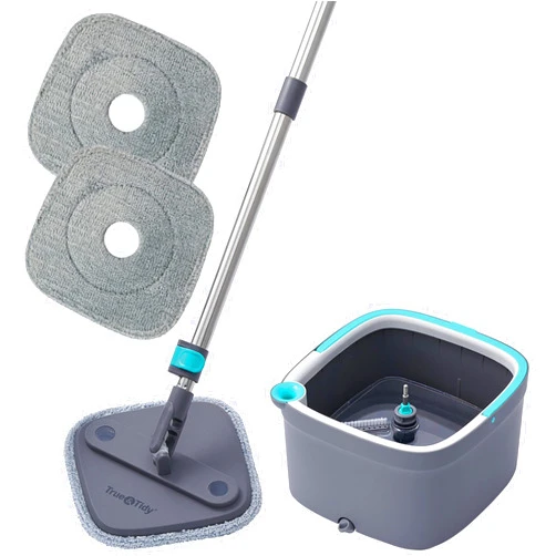 True & Tidy True Clean Mop and Bucket System, Includes Square Spin Mop, Dual Compartment Mop Bucket and 2 Thick Machine Washable Mop Pads (Spin Mop)