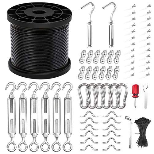 Toyeah String Light Hanging Kit with 300FT Vinyl Coated 304 Stainless Steel Wire Rope, Globe String Light Suspension Kit, Outdoor Light Guide Wire Kit Included Turnbuckles, Enough Accessories, Use Manual