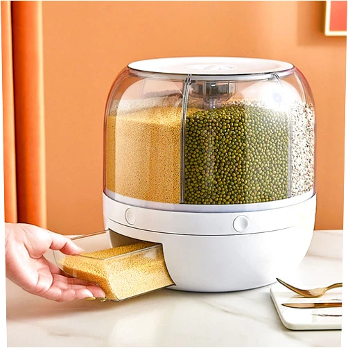 Luqeeg 6 Grid Rice & Grain Storage Container, 360° Rotating Dry Food Dispenser Grain Food Storage Box Rice Bucket with Lid Household for Home Kitchen (5kg)
