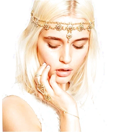 Anglacesmade Bridal Head Chain Rhinestone and Pearl Headband Bohemian Floral Wedding Headpiece Prom Party Festival Hair Accessories for Women and Girls(Gold)