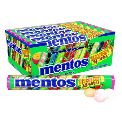 Mentos Chewy Mint Candy Roll, Discovery 14 Assorted Fruit Flavors, 14 Pieces Per Roll, 15 Count Showbox