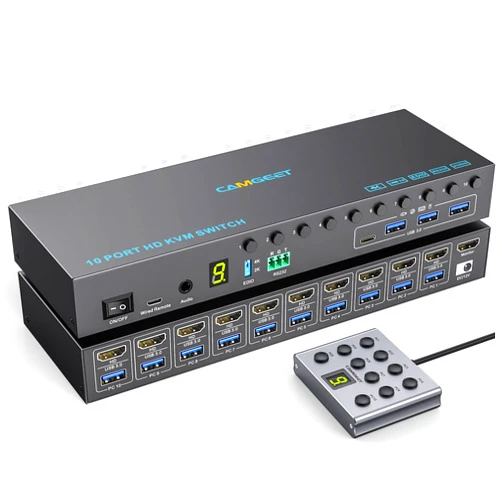 Camgeet 10 Port 8 Port HDMI KVM Switch 4K@60Hz EDID Simulation, USB3.0 KVM Switch HDMI for 10 Computers Share 1 Monitor and 4 USB Devices, KVM Switches with Audio RS232 Wired Remote 12V Power and USB Cable