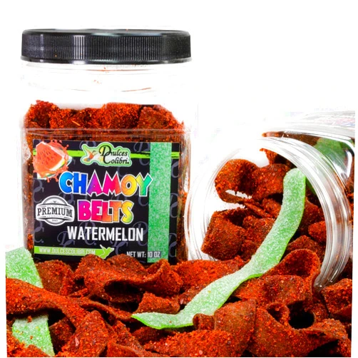 Dulces Colibri - Premium Watermelon Chamoy Belts | Dry Chamoy Coated Gummies | Mess Free | Handmade to Order | Long Lasting Flavor | 10oz Jar | Mix & Match Eligible
