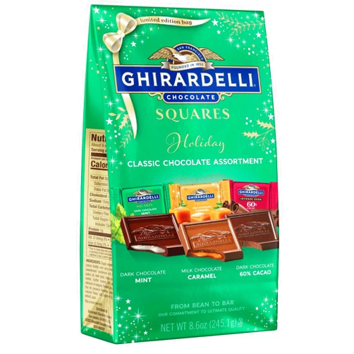 GHIRARDELLI Holiday Classic Chocolate Assortment SQUARES – Limited Edition Milk & Dark Chocolate Candy with Caramel and Mint Flavors, Individually Wrapped, 8.6 oz Bag