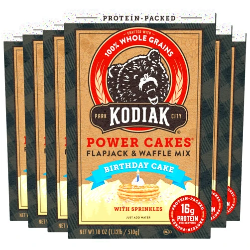 Kodiak Cakes Power Cakes - Protein Pancake Mix & Waffle Mix - 100% Whole Grain- Birthday Cake Flavor (Pack of 6)