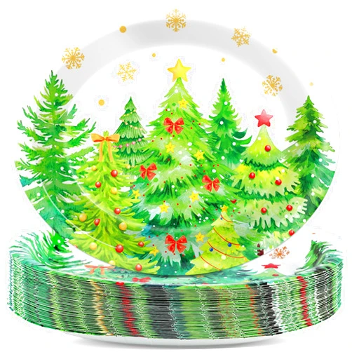 Wiooffen 50Pcs Christmas Tree Oval Paper Plates 11inch Holiday Winter Xmas Tree Table Platter Disposable Dish Tray Winter Tableware Set for Merry Xmas Birthday Party Dinner Supplies