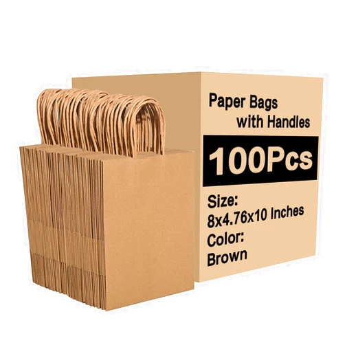 Brothersbox Brown Paper Bags with Handles Bulk 100PCS Kraft Paper Bags, 8 * 4.76 * 10 Inch Medium Craft Paper Gift Bags for Birthday Party Grocery Retail Shopping Business