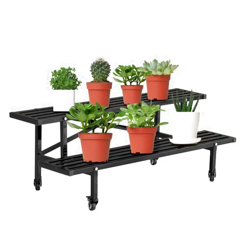 Yeeoy 2 Tier Metal Plant Stand with Wheels, Heavy Duty Flower Pot Holder Plant Stand Shelf Indoor Outdoor, Plants Corner Display Rack for Home Garden Backyard Patio 45.7 x 17.5 x 16.1 inch, Black