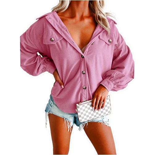 APOFER Womens Long Sleeve Corduroy Jacket Casual Solid Button Coat Fall Fashion Loose Outfits Tops