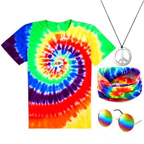 Norme 4 Pieces Hippie Costume Set, Include Colorful Tie-Dye T-Shirt, Peace Sign Necklace, Headband and Sunglasses for Theme Parties