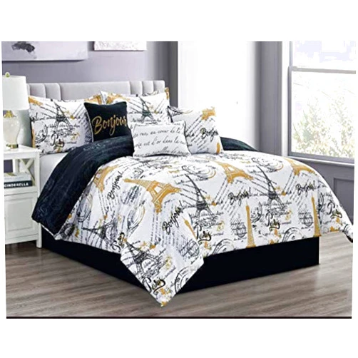 LinenTopia Queen Size Paris Bedding Comforter Set – Elegant 7-Piece Cozy Bed Set with Lightweight Comforter for Guestroom or Master Bed, Bedroom Décor Aesthetic, Easy to Clean, Black/Gold Paris Design