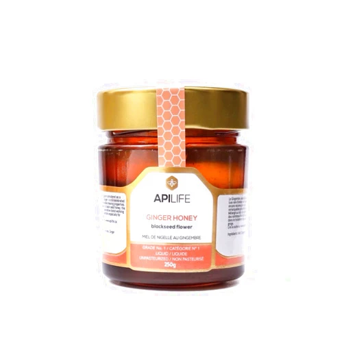 APILIFE –GINGER with RAW HONEY (Black Seed Honey) |Unpasteurized, Unaltered, Gluten Free, Non-GMO | Natural Sweetener - Premium raw ginger and ginger juice HONEY Blend (250g)