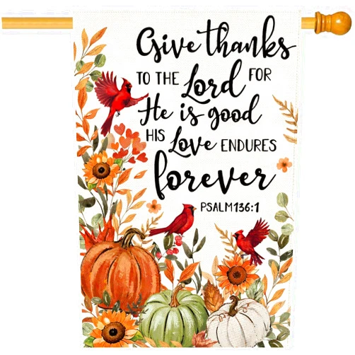 Baccessor Fall House Flag 28x40 Inch Double Sided,Fall Cardinal Pumpkin Thanksgiving Give Thanks to The Lord Large Garden Flag Seasonal Farmhouse Holiday Yard Outdoor Outside Decoration