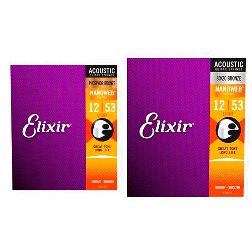 Elixir 16052 Strings Phosphor Bronze Acoustic Guitar Strings w NANOWEB Coating, Light (.012-.053) & Strings 80/20 Bronze Acoustic Guitar Strings w NANOWEB Coating, Light (.012-.053)