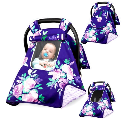 TANOFAR Baby Carseat Seat Cover Girls, Winter Carseat Canopy, Cozy & Warm Cover with Zipper Peep Windows, Infant Minky Carrier Cover, Soft Breathable, Baby Must Have, Purple Stuff