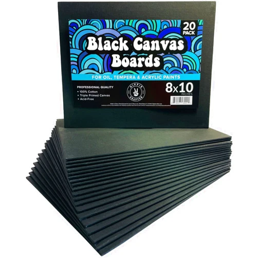 HIPPIE CRAFTER Black Canvas Panels for Painting, 20 Pack, 8x10 Inch Gesso-Primed Boards for Oil, Acrylic & Watercolor, Blank Art Canvas for Artists