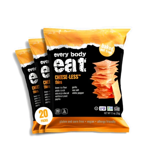 Every Body Eat Snack Thins, Gluten & Dairy Free, Vegan, School Safe Lunch Snacks, Cheese-Less (20 Single Serve Bags, 1.1oz)