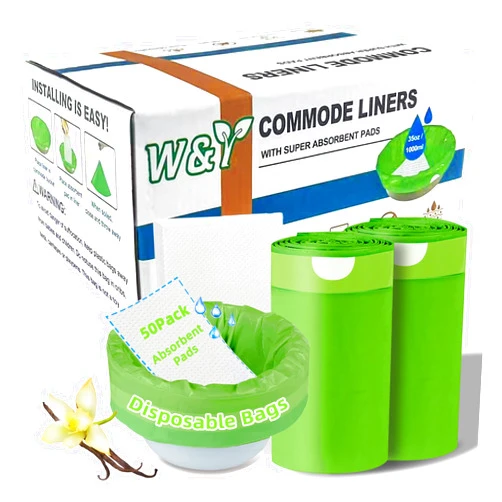W&Y 50 Pack Commode Liners with Super Absorbent Pads, Universal Fit All Standard Toilet Chair Bucket，Vanilla-Scented Portable Sanitary Bag for Adult Toilets and Camping Toilets（50 Bags+50Pads）